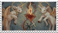 lambs with horns, fire, and heart stamp